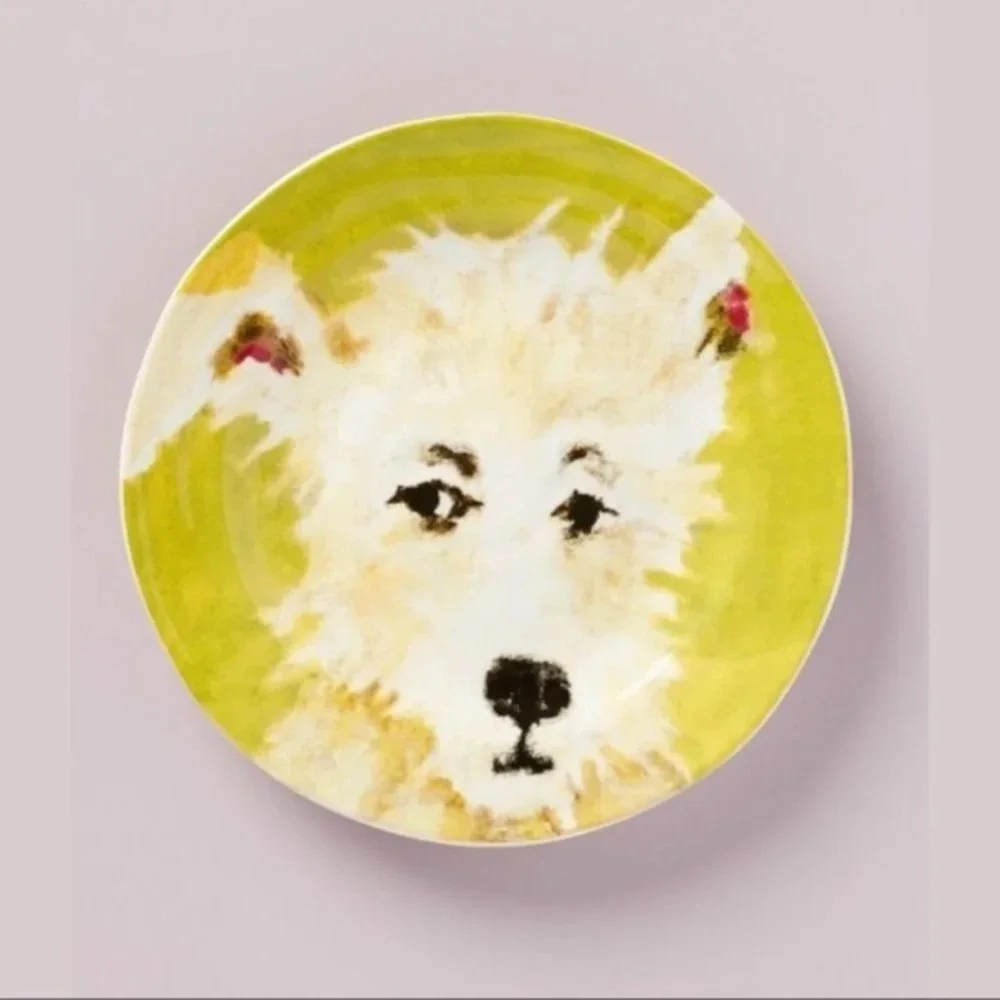 NWT ANTHROPOLOGIE Carole Akins Furry Friends White Dog Dessert Plate